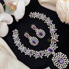 Vriksham Simple Purple-Cut Crystal With Halo Pendant & Rectangular Drop Pendant Short Neckpiece-G21573