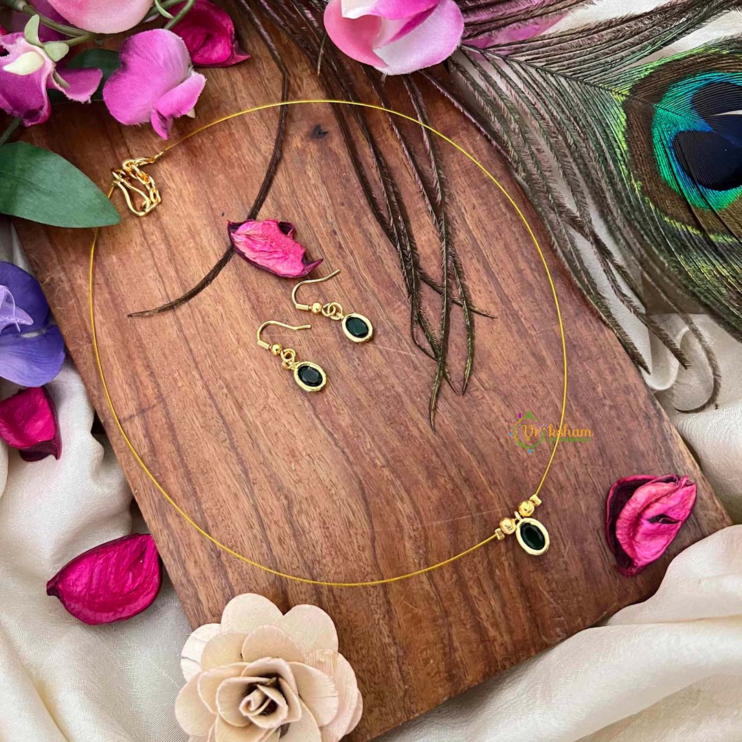 Vriksham Classic Green Oval shaped Single Pendant Invisible Chain-KG22299