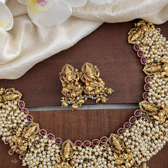 Premium Ganesha Short Neckpiece-Cluster Pearl-Red-G13464