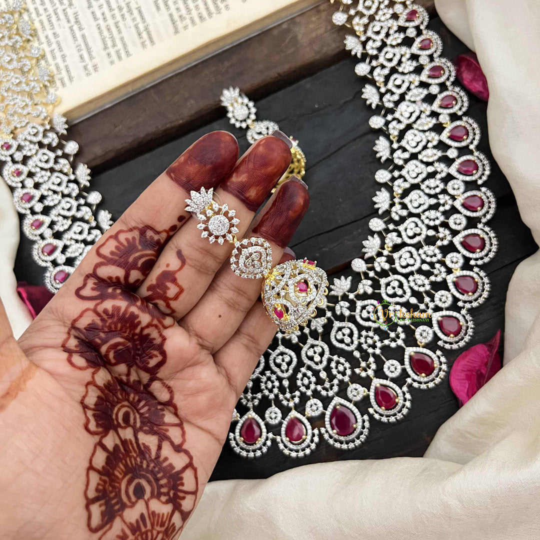 Vriksham Premium Teardrop With Red Accents American Diamond Bridal Haram-G20244