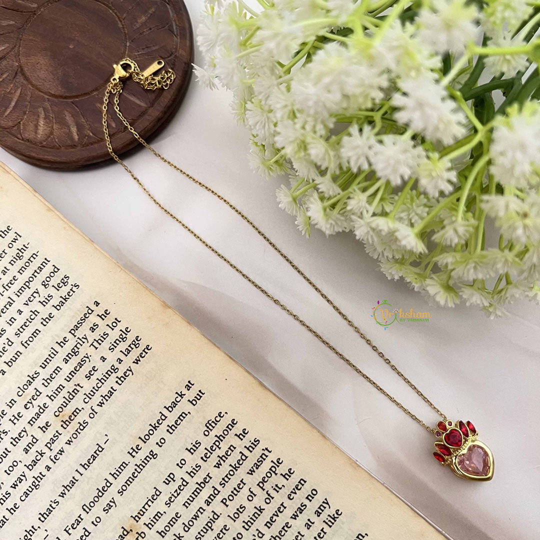 Vriksham Queen Heart Pendant Gold Alike Anti Tarnish Necklace Chain-Pink Red-G20958