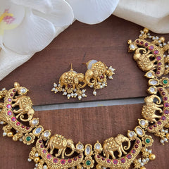 Unique Elephant Short Neckpiece-Pearl-Golden Bead-G13463