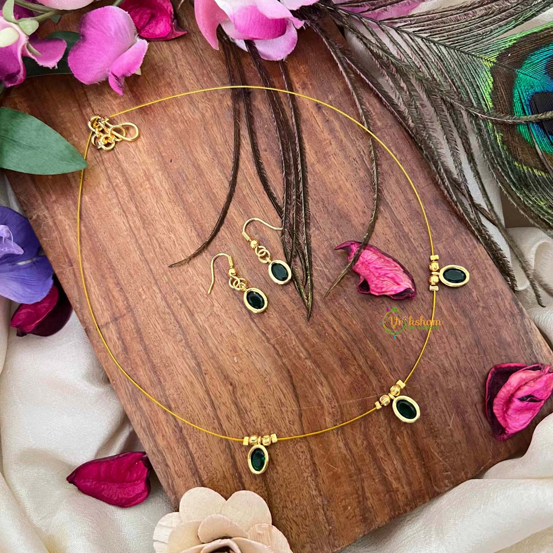 Vriksham Classic Green Oval shaped 3 Flexible Pendant Invisible Chain-KG22301