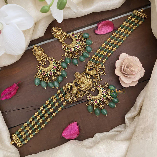 Gold Polish Layered Lakshmi High Neck Choker-Green Bead-G14736