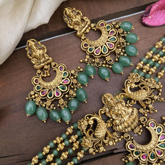 Gold Polish Layered Lakshmi High Neck Choker-Green Bead-G14736