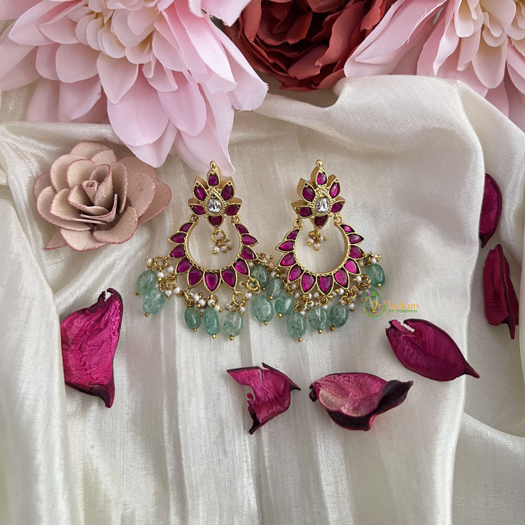Vriksham Exquisite Chandbali Kundan Jadau Earring-Red White-Aqua Green Bead-J3207