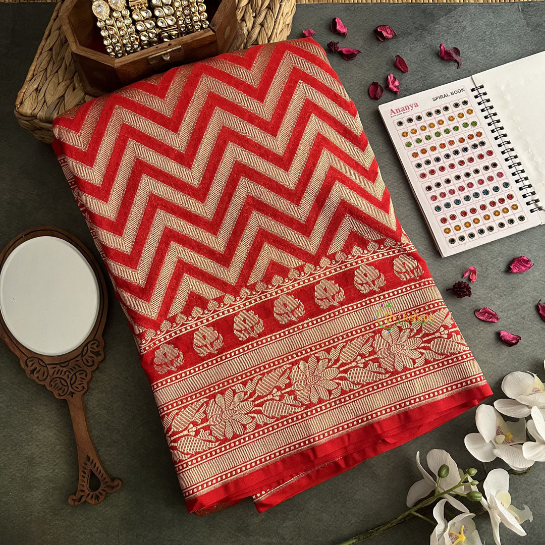 Vriksham Red Georgette Silk Zig Zag Banarasi Saree-Handloom-VS4289