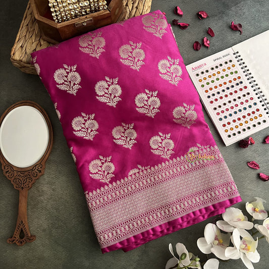 Vriksham Dark Pink Mashru Katan Silk Floral Banarasi Saree-Handloom-VS4294