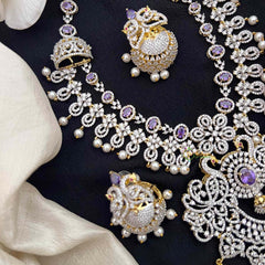 Vriksham Royal Mayura Intricate American Diamond With Pearl-Embellished Pendant Short Neckpiece-Purple-G21568