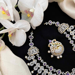 Vriksham Royal Mayura Intricate American Diamond With Pearl-Embellished Pendant Short Neckpiece-Purple-G21568