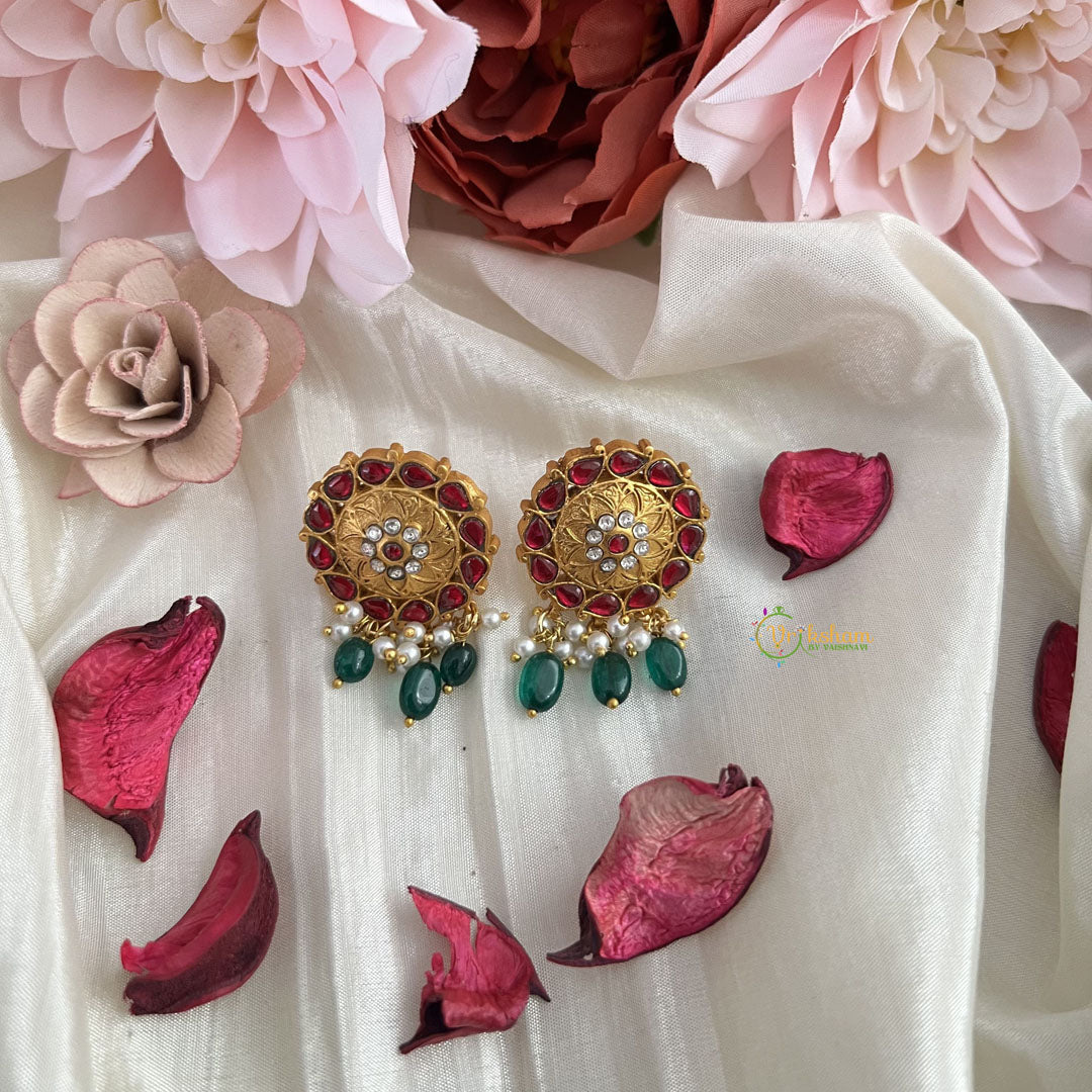 Vriksham Gold Look Alike Jadau Kundan Floral Earring-Red-Pearls-Green Bead-J3196
