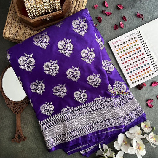 Vriksham Purple Mashru Katan Silk Floral Banarasi Saree-Handloom-VS4290