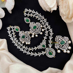 Vriksham Double Layered American Diamond With Pearl-Embellished Pendant Short Neckpiece-Green-G21570