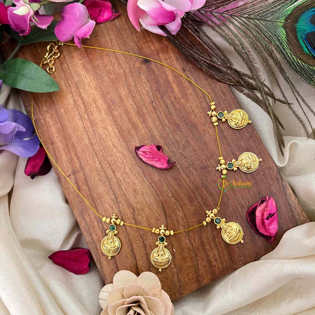 Vriksham Traditional Laxmi Coin With Green Stone Stud 5 Flexible Pendant Invisible Chain-KG22313