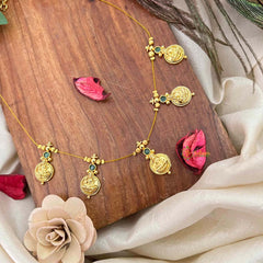 Vriksham Traditional Laxmi Coin With Green Stone Stud 5 Flexible Pendant Invisible Chain-KG22313