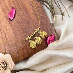 Vriksham Traditional Laxmi Coin With Green Stone Stud 3 Closed Pendant Invisible Chain-KG22311