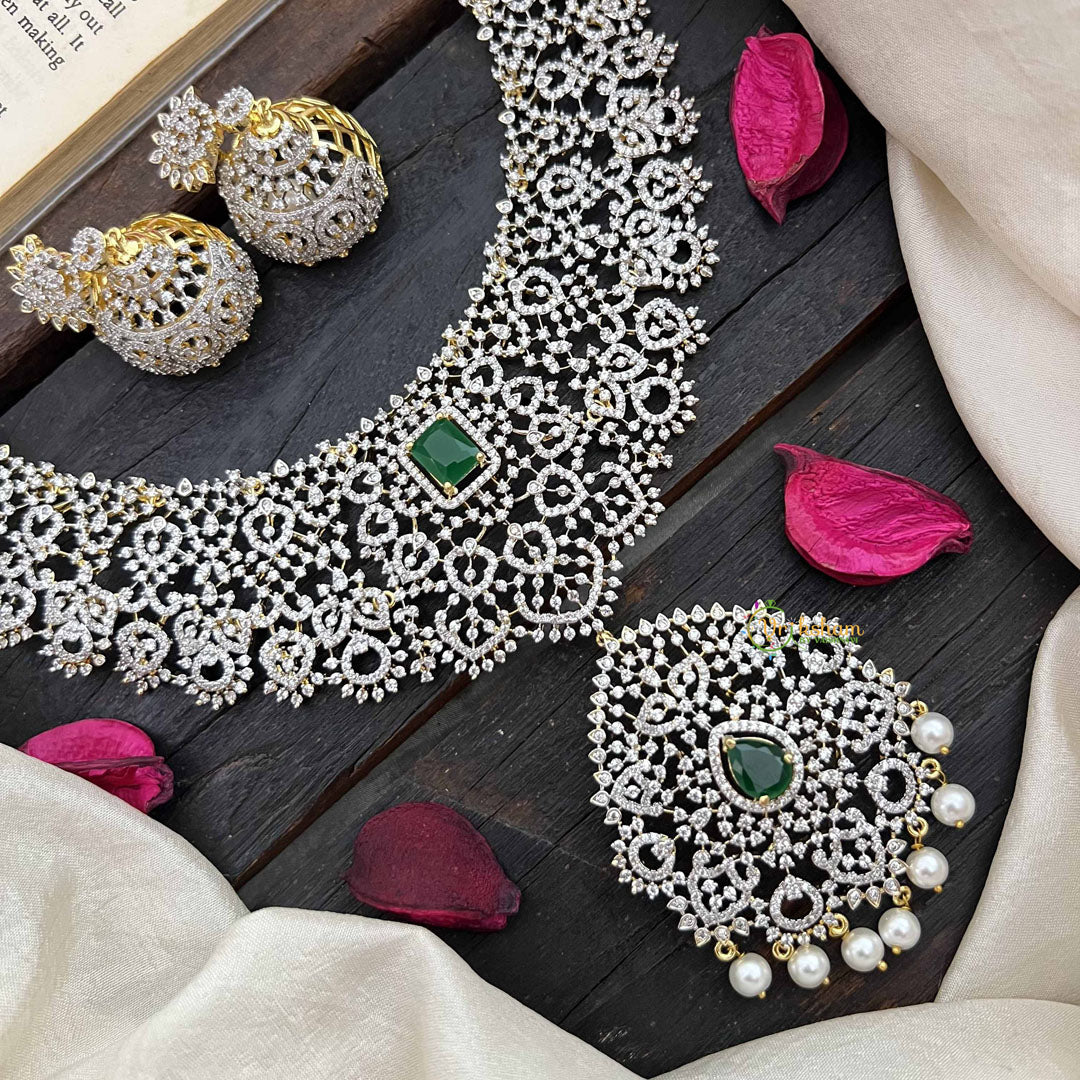 Vriksham Intricate Crystal With Centerpiece Pendant With AD Choker Neckpiece-Green-Pearl-G20203