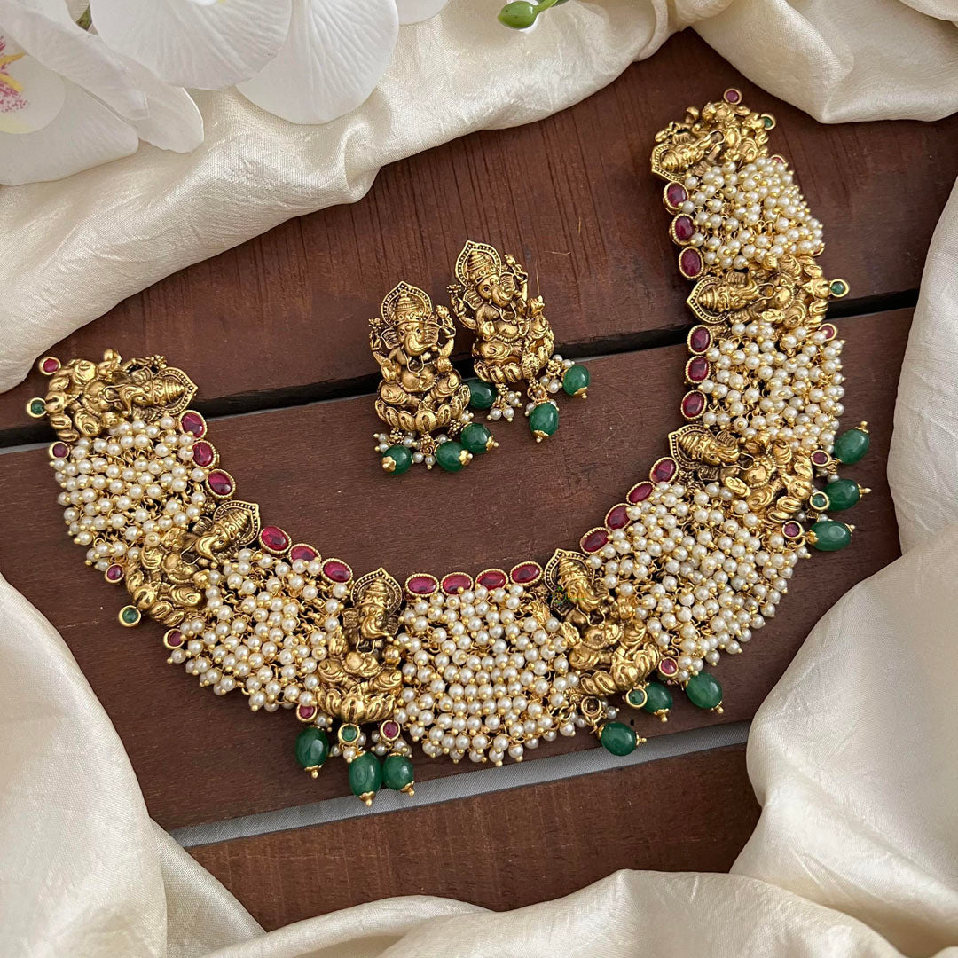 Designer Ganesha Neckpiece-Cluster Pearl-Green Beads-G13471