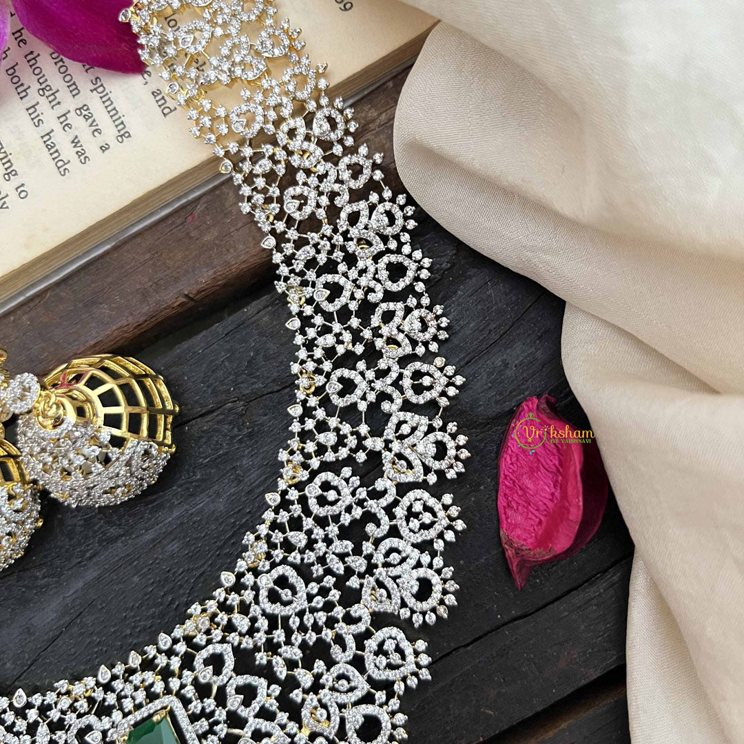 Vriksham Intricate Crystal With Centerpiece Pendant With AD Choker Neckpiece-Green-Pearl-G20203