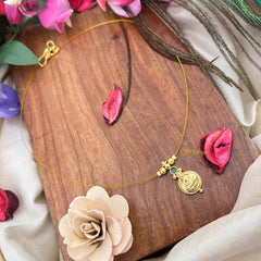 Vriksham Traditional Laxmi Coin With Green Stone Stud Single Pendant Invisible Chain-KG22310