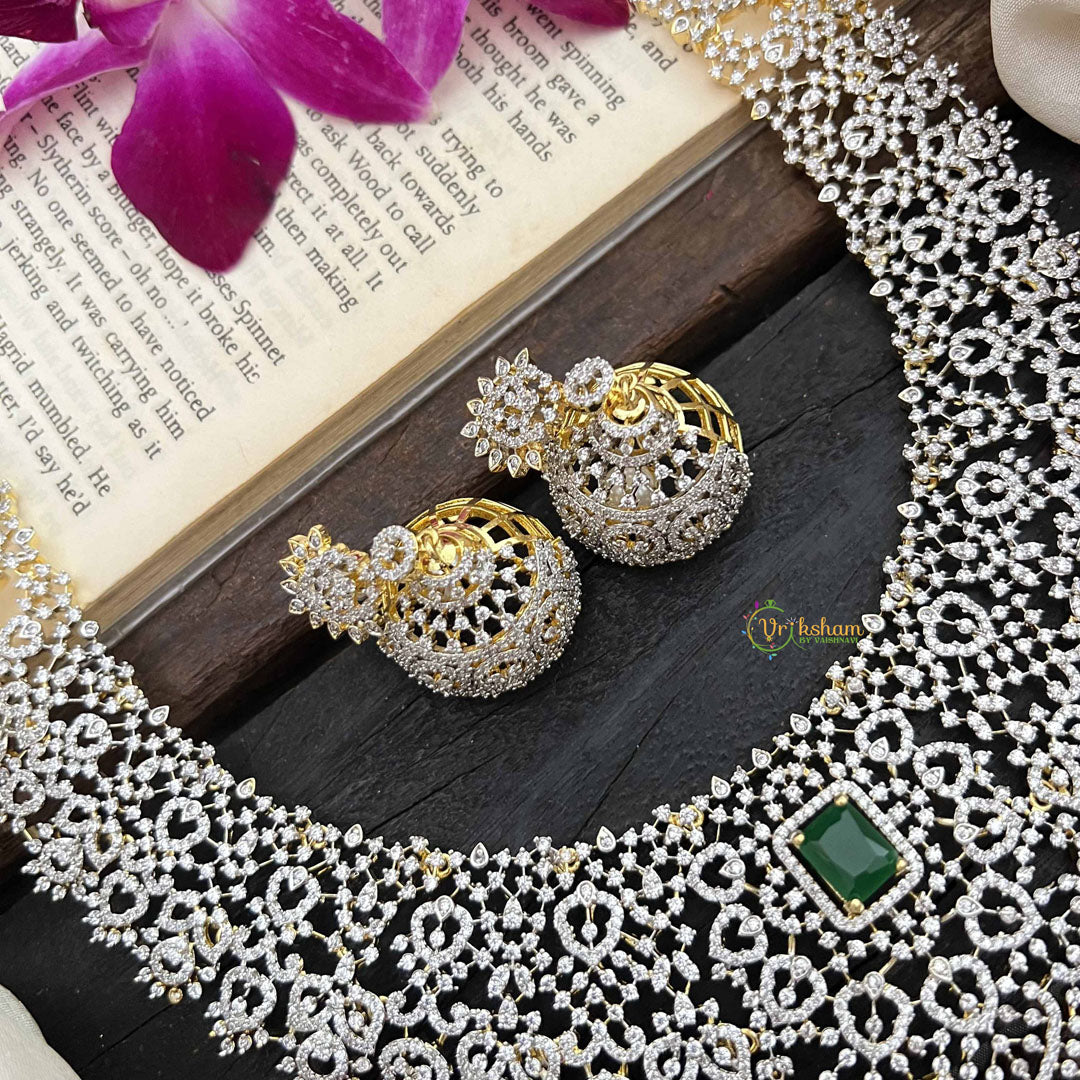 Vriksham Intricate Crystal With Centerpiece Pendant With AD Choker Neckpiece-Green-Pearl-G20203