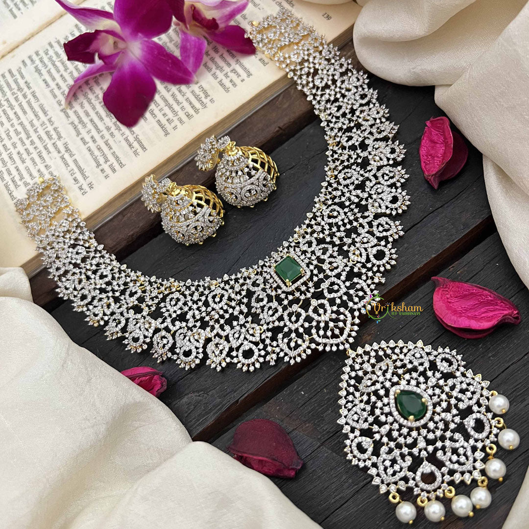 Vriksham Intricate Crystal With Centerpiece Pendant With AD Choker Neckpiece-Green-Pearl-G20203
