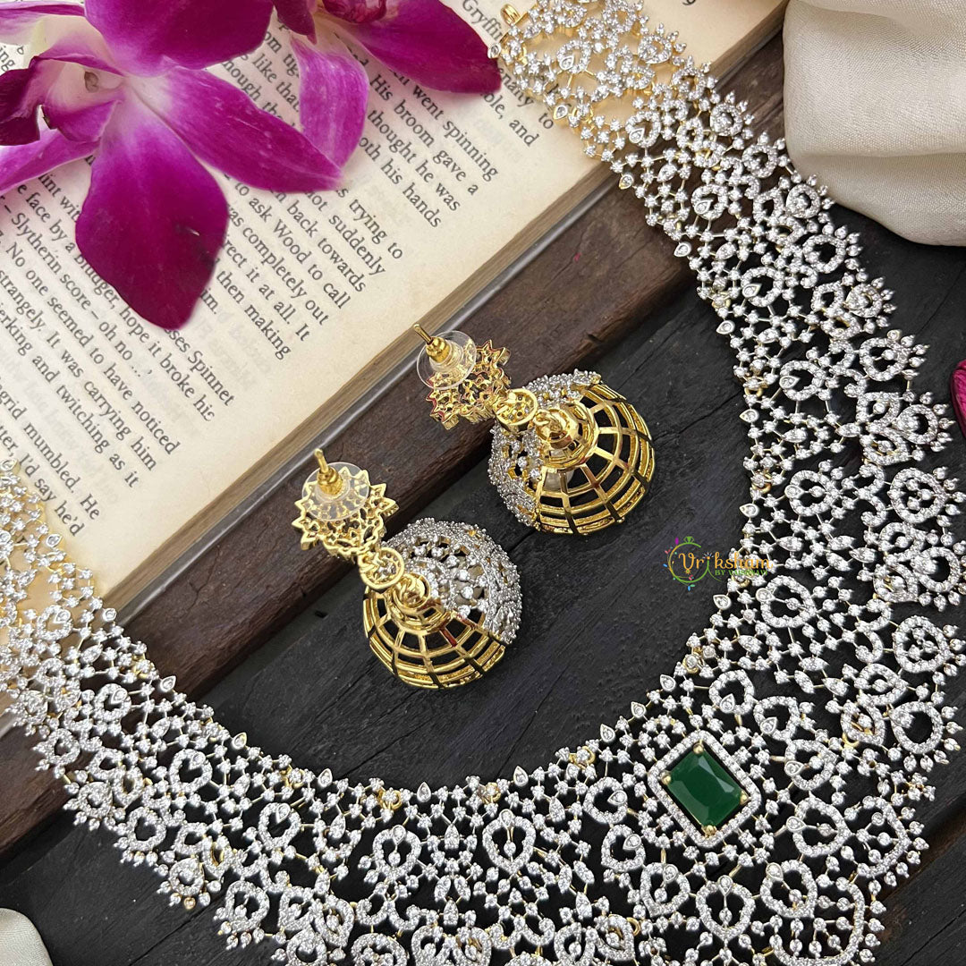 Vriksham Intricate Crystal With Centerpiece Pendant With AD Choker Neckpiece-Green-Pearl-G20203