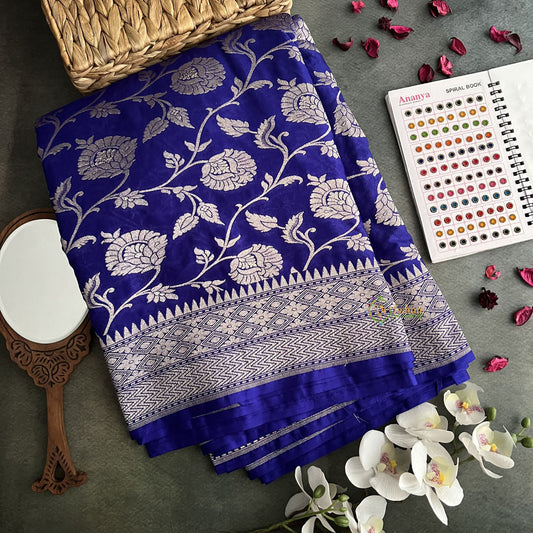 Vriksham Ink Blue Katan Mashru Silk Floral Jaal Banarasi Saree-Handloom-VS4284