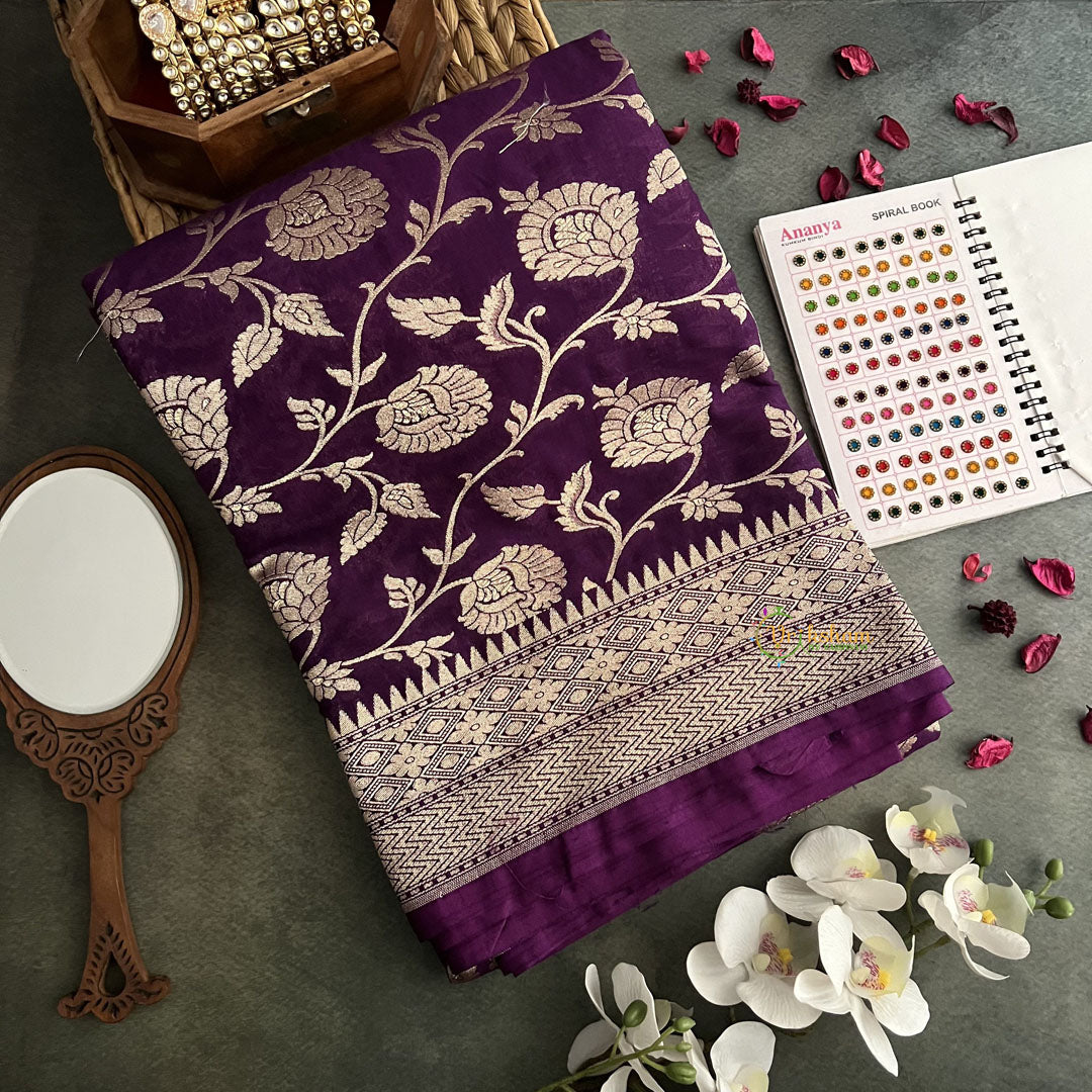 Vriksham Purple Katan Mashru Silk Floral Jaal Banarasi Saree-Handloom-VS4285