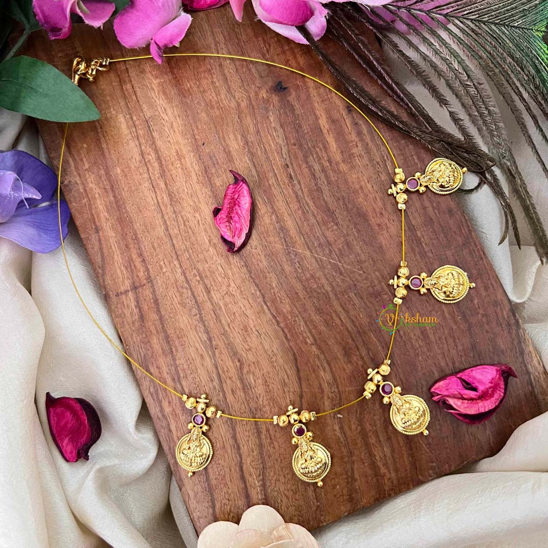 Vriksham Traditional Laxmi Coin With Red Stone Stud 5 Flexible Pendant Invisible Chain-KG22314