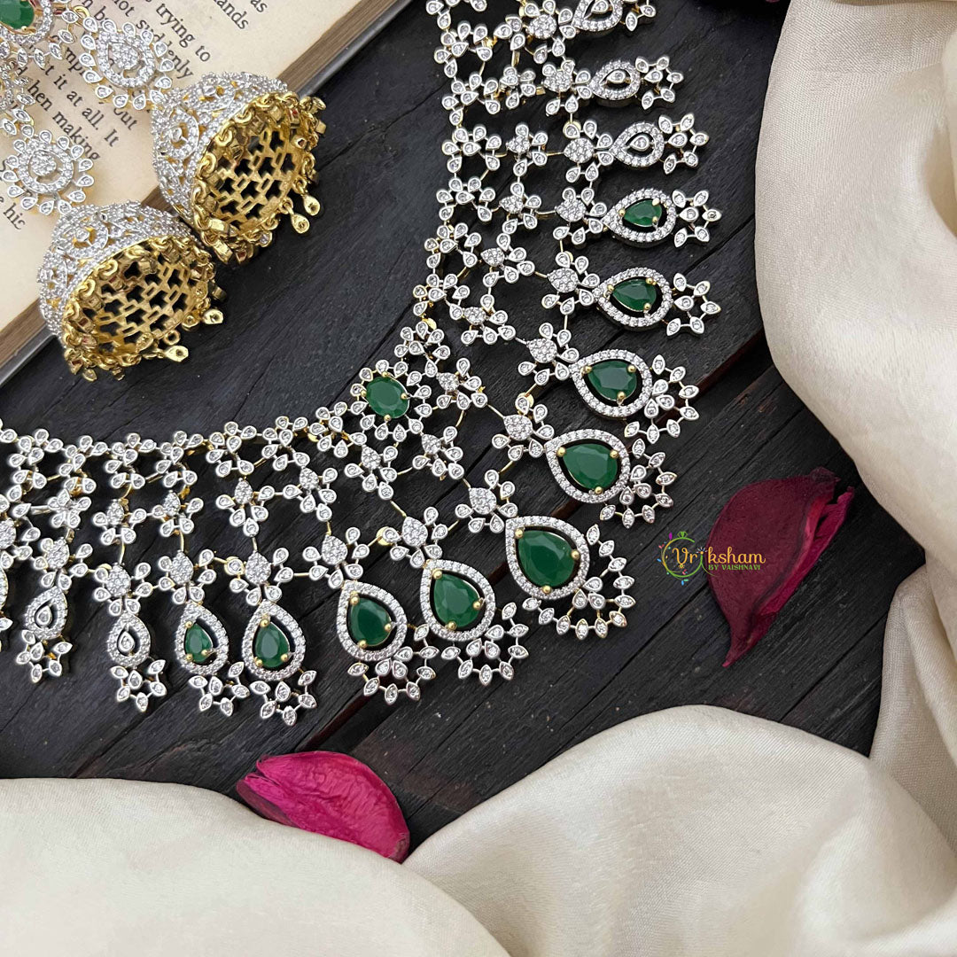 Vriksham Royal Pear Shape Green Accents American Diamond Choker Neckpiece-G20204