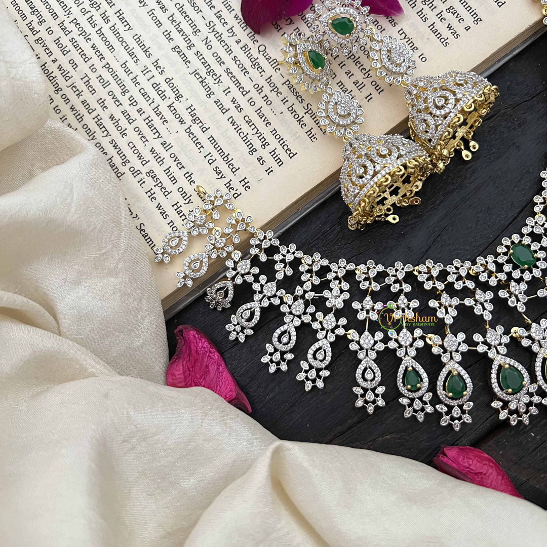 Vriksham Royal Pear Shape Green Accents American Diamond Choker Neckpiece-G20204