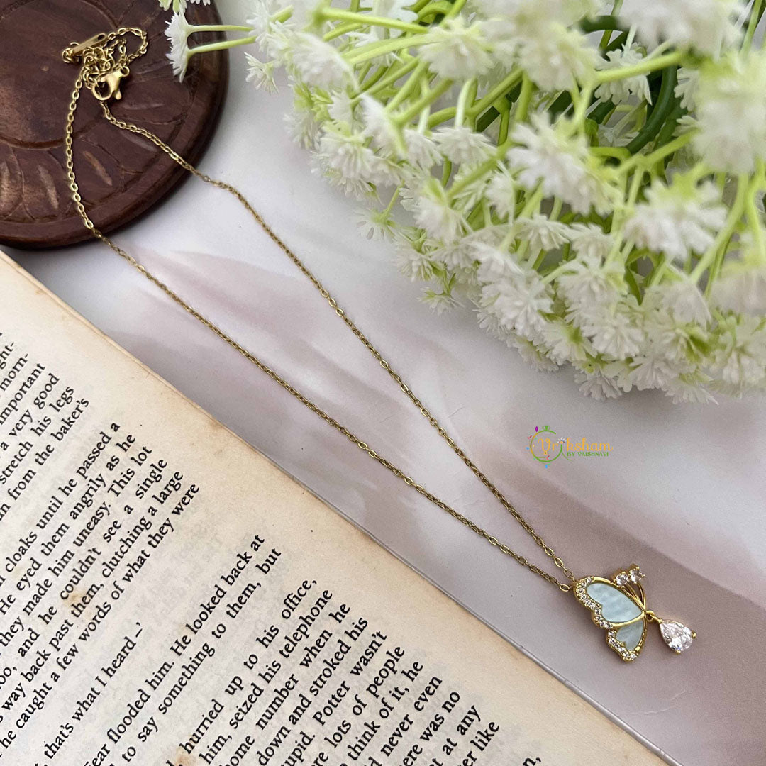 Vriksham Butterfly Pendant Gold Alike Anti Tarnish Necklace Chain-Sky Blue-G20950