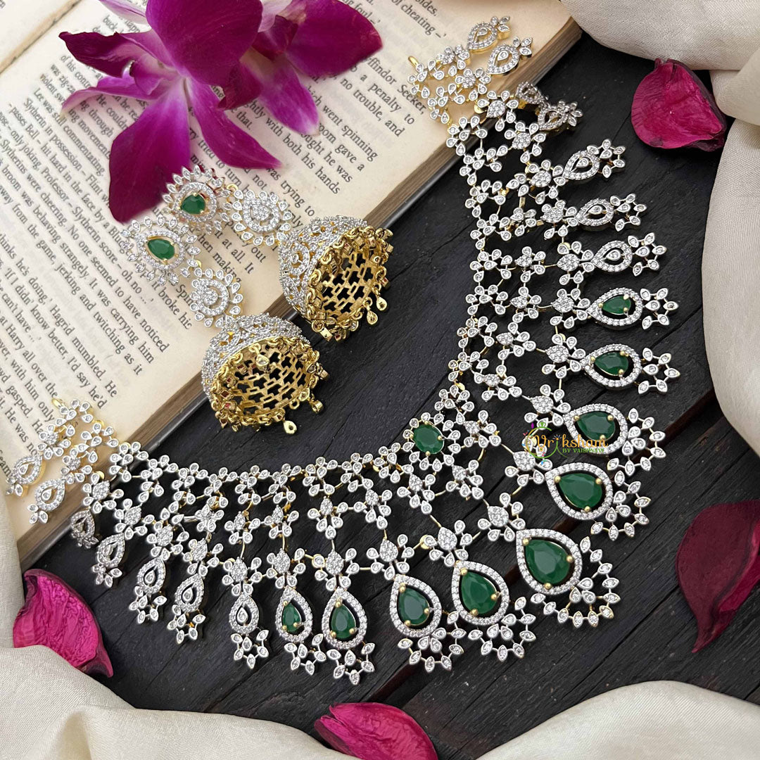 Vriksham Royal Pear Shape Green Accents American Diamond Choker Neckpiece-G20204