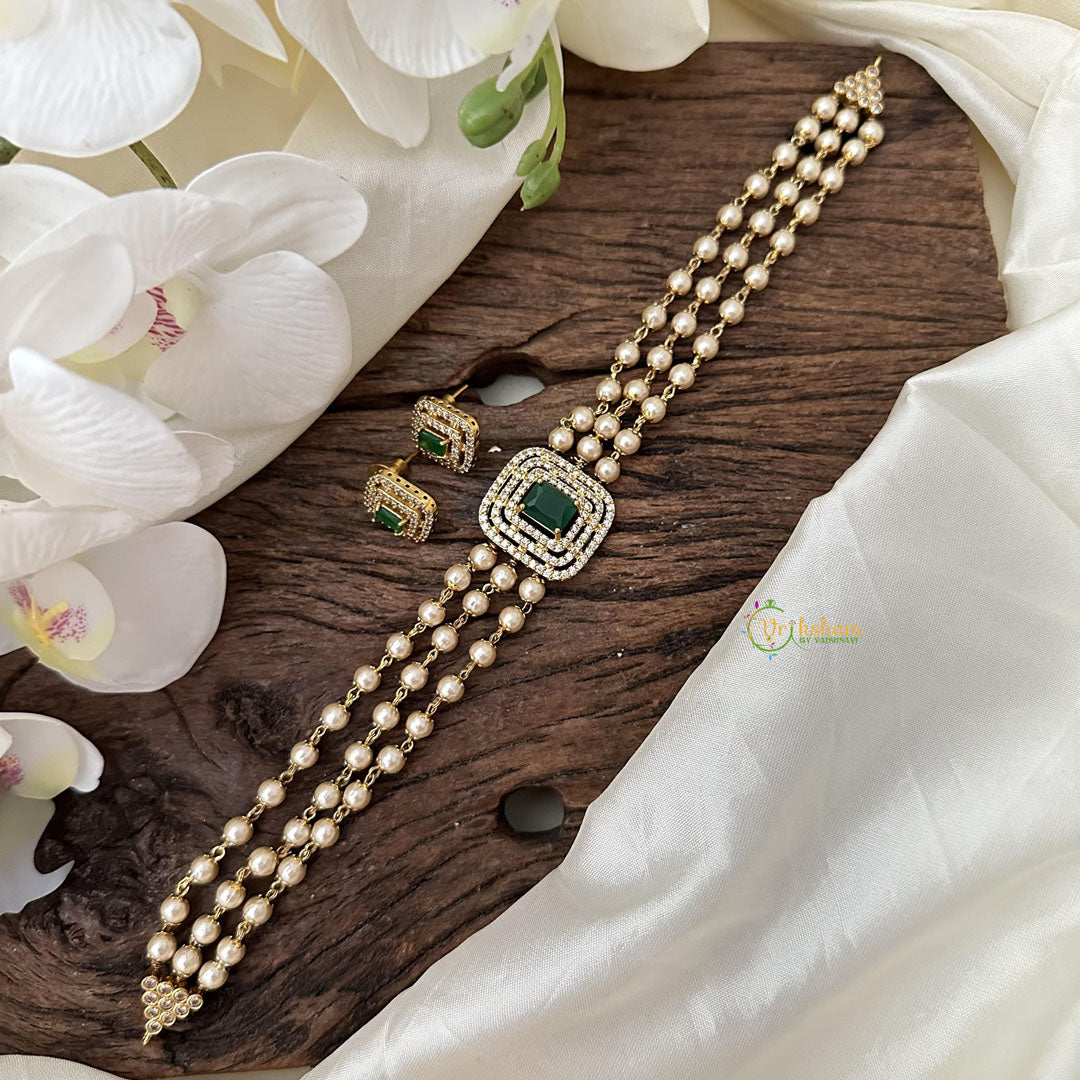 Fancy 3 Layer Green AD stone Choker-Pearl-G14583