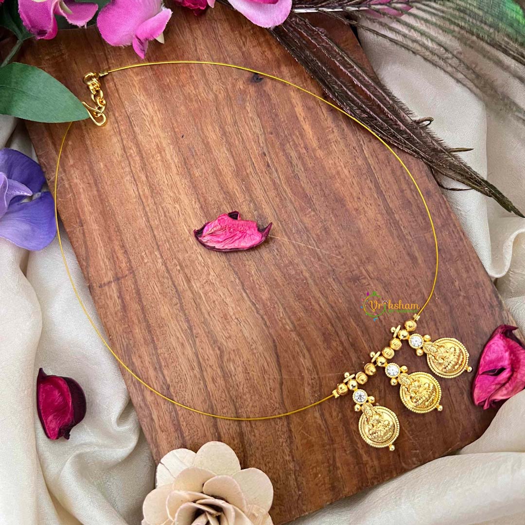 Vriksham Traditional Laxmi Coin With White Stone Stud Closed 3 Pendant Invisible Chain-KG22307