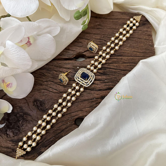 Fancy 3 Layer Blue AD stone Choker-Pearl-G14585