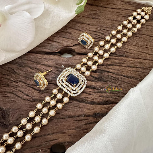 Fancy 3 Layer Blue AD stone Choker-Pearl-G14585