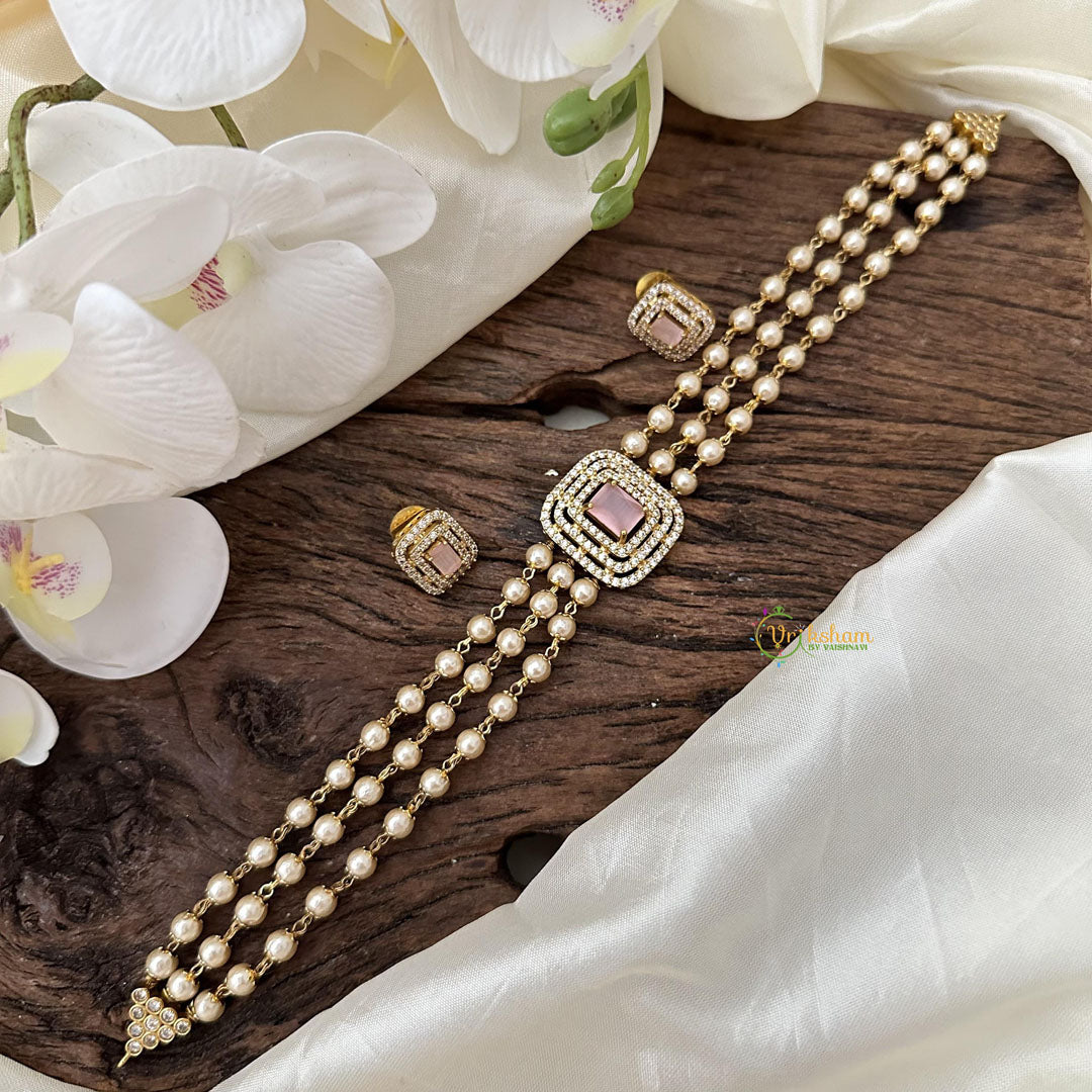 Fancy 3 Layer Pastel Pink AD stone Choker-Pearl-G14586