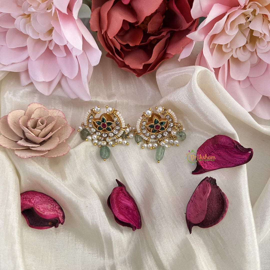 Vriksham Floral Half Moon Kundan Jadau Stud Earring-Red Green & White-Pearls-J3205