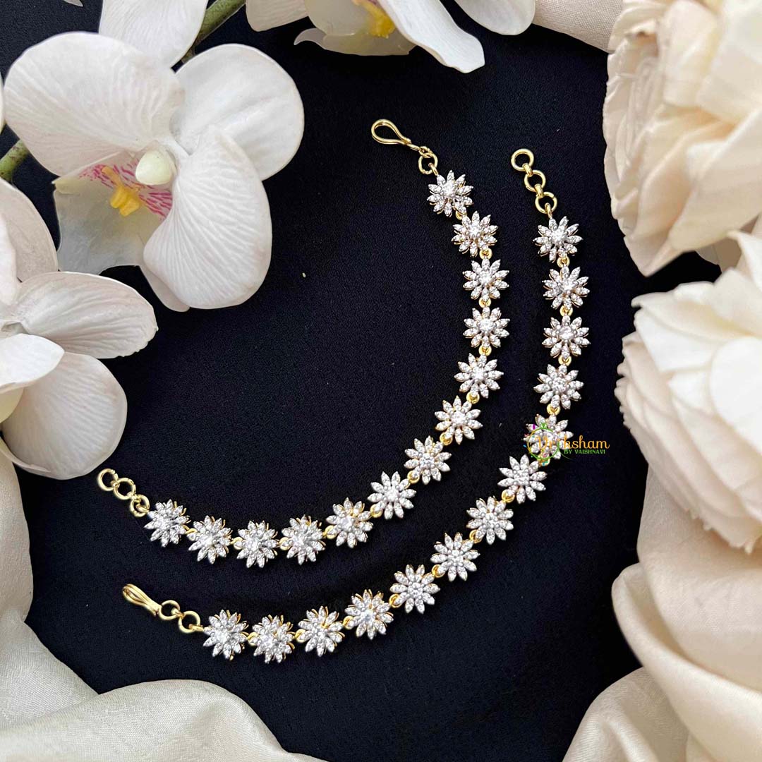 Vriksham Handcrafted  Flower Motifs AD Stones Silver-Plated Ear Chains Maatil-G21585