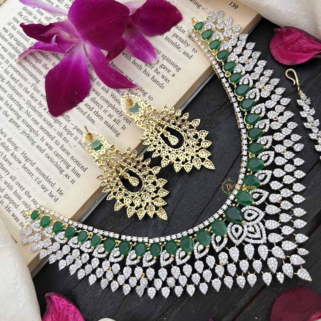 Vriksham Designer Pear Style American Diamond Polki Choker Neckpiece-Green-G20201
