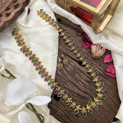 Vriksham Peacock Coin With Red Green Stone Tear Drop Neckpiece-G16196