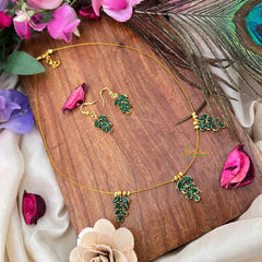 Vriksham Gold-Finish Leaf Cluster 3 Pendant Invisible Chain-Green-KG22325