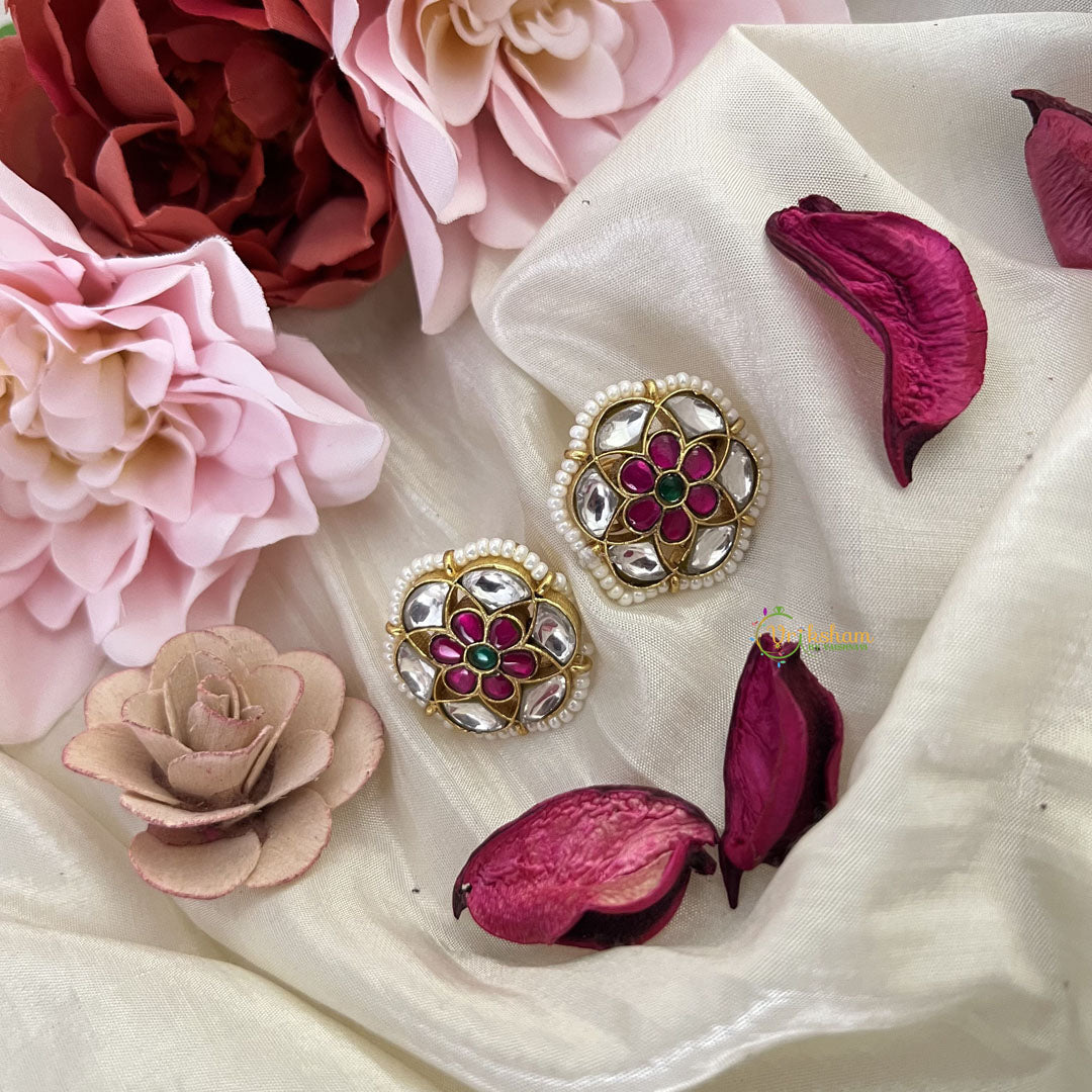 Vriksham Antique Floral Kundan Jadau Stud Earring-Red Green & White-J3206