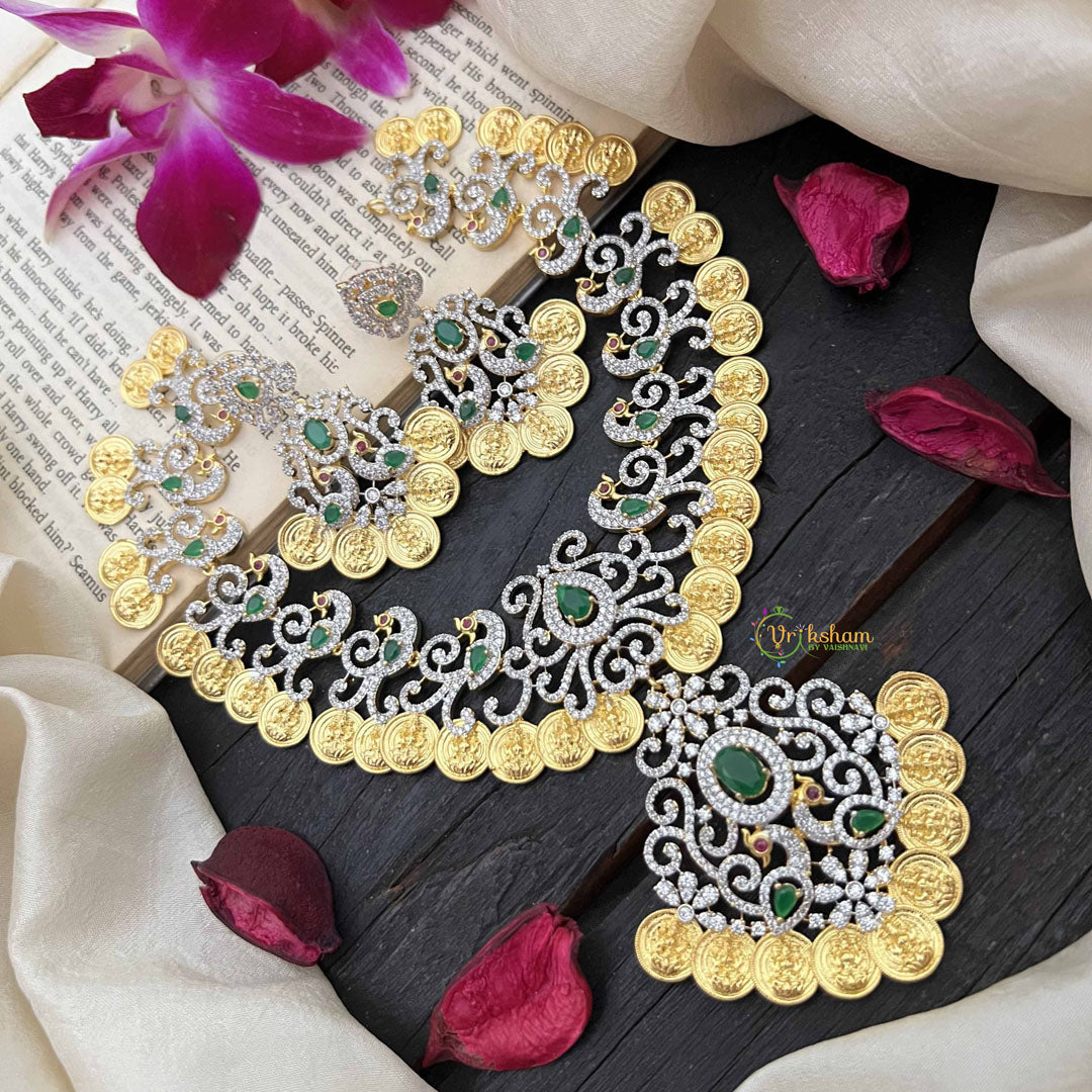 Vriksham Elegant Dual Peacock & Lakshmi Coin AD Stone Neckpiece-G20214