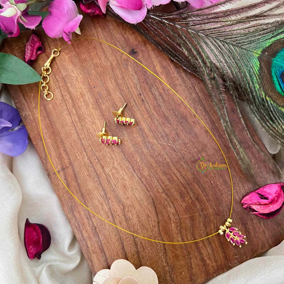 Vriksham Gold-Finish Leaf Cluster Single Pendant Invisible Chain-Red-KG22320