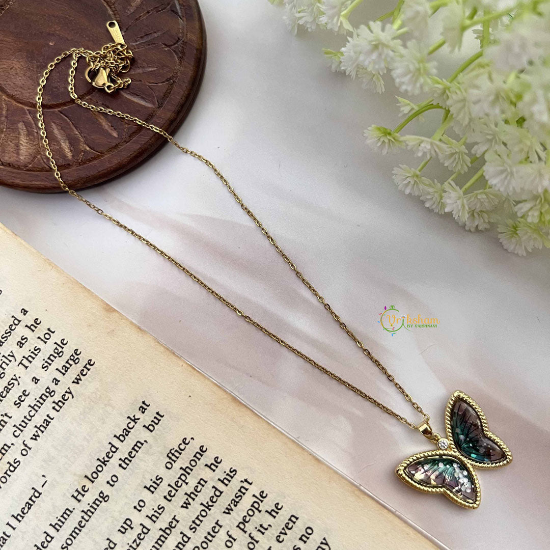 Vriksham Gray Sparkle Butterfly Pendant Gold Alike Anti Tarnish Necklace Chain-G20954