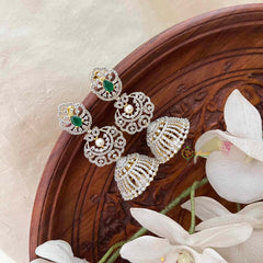 Vriksham Deep Green-AD Style Bridal With Pearl Accents & Tiered Chandbali Studs Jhumka Earrings-G21582