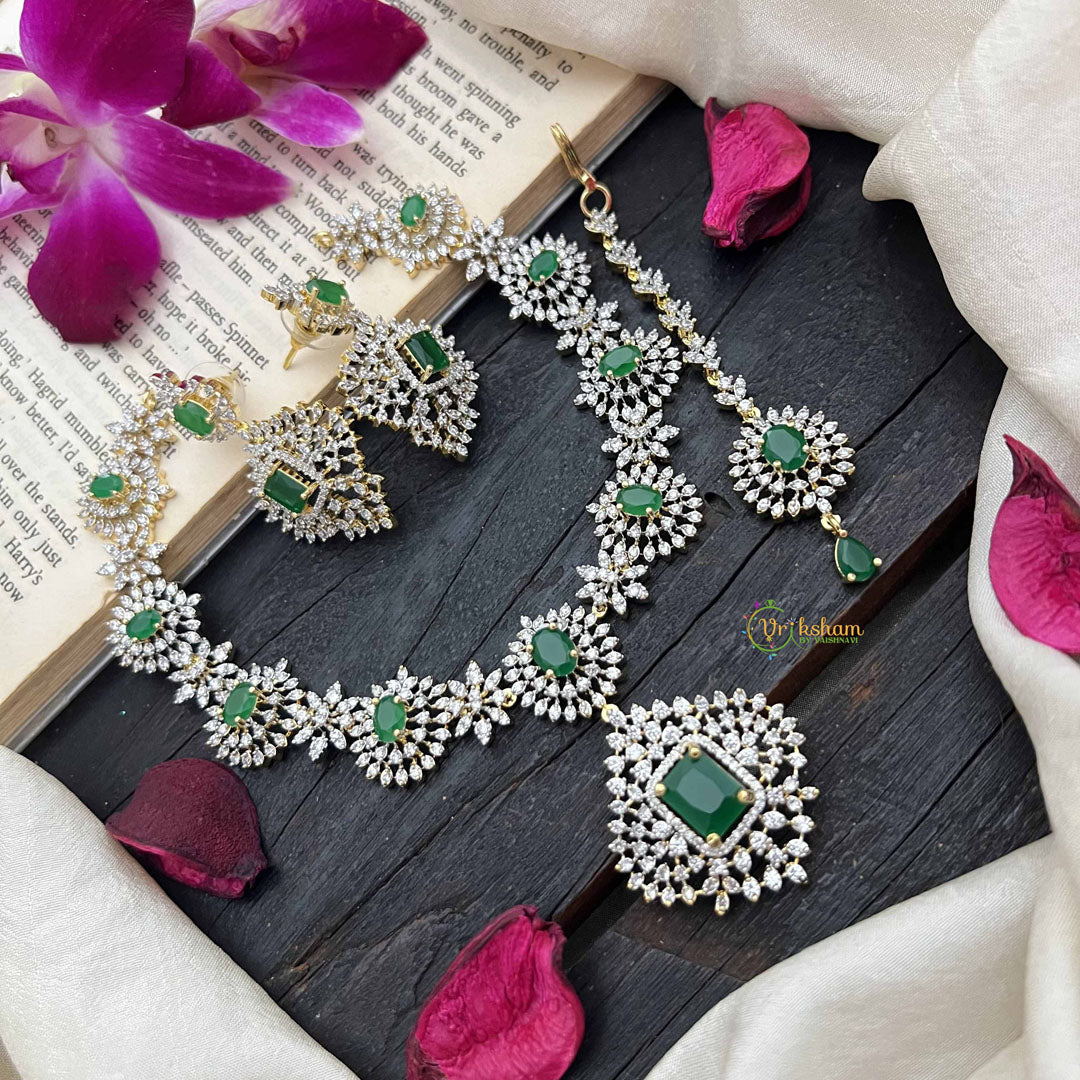 Vriksham Indian Ethnic Floral Style With Bold Green Stones Pendant AD Choker-G20210